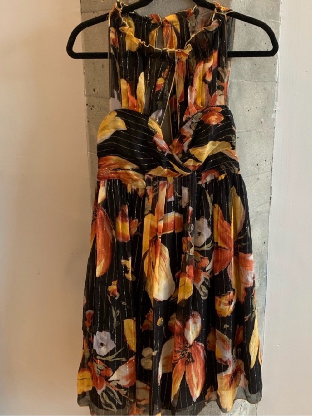 Anna Sui for Anthropology Dress with Orange & Yellow Floral Pattern & Gold Metal